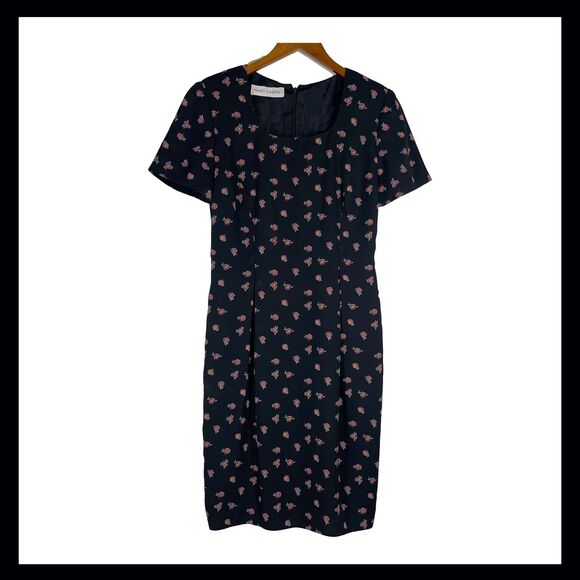 Vintage Maggie London Black Floral Dress Sheath Short Sleeve Lined Size M 90s - Picture 1 of 13